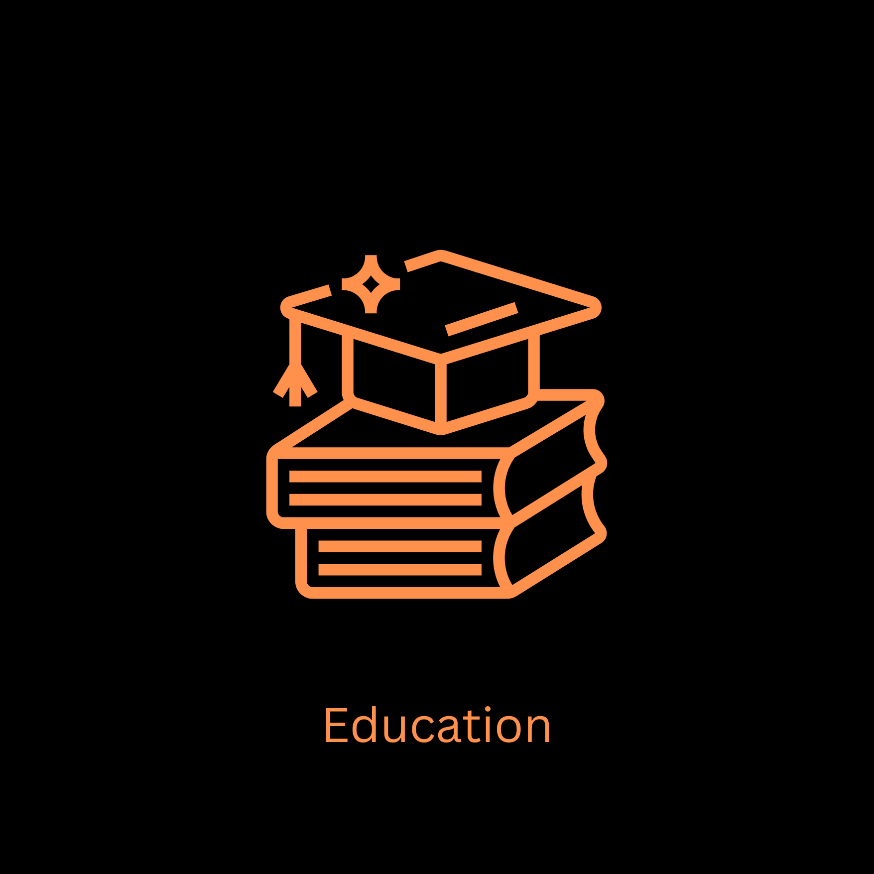 Outline illustration of a graduation cap on top of two stacked books with the word "Education" below. The image is designed with orange lines on a black background.