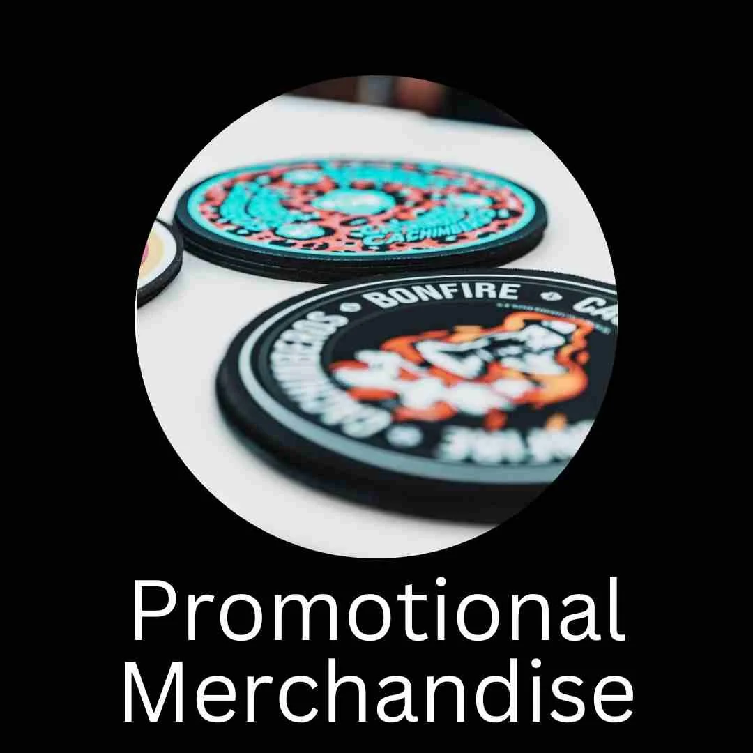 Close-up of embroidered patch designs for promotional merchandise, featuring a circular patch with a fire graphic and the words 'Bonfire' and 'Chums'.