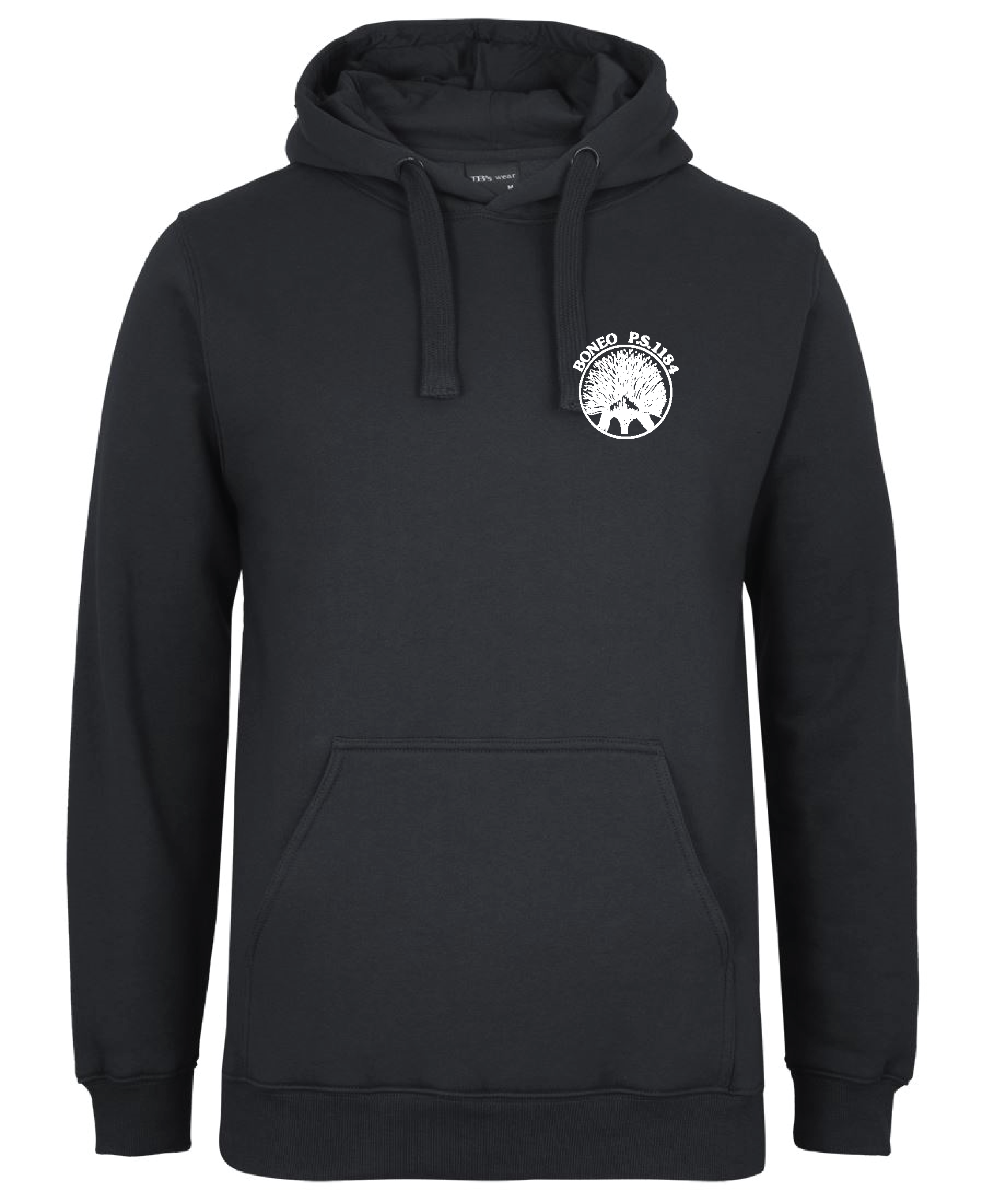Black hoodie with a skull graphic and tree design, and the text "BONEO P.S. 1164" on the front.