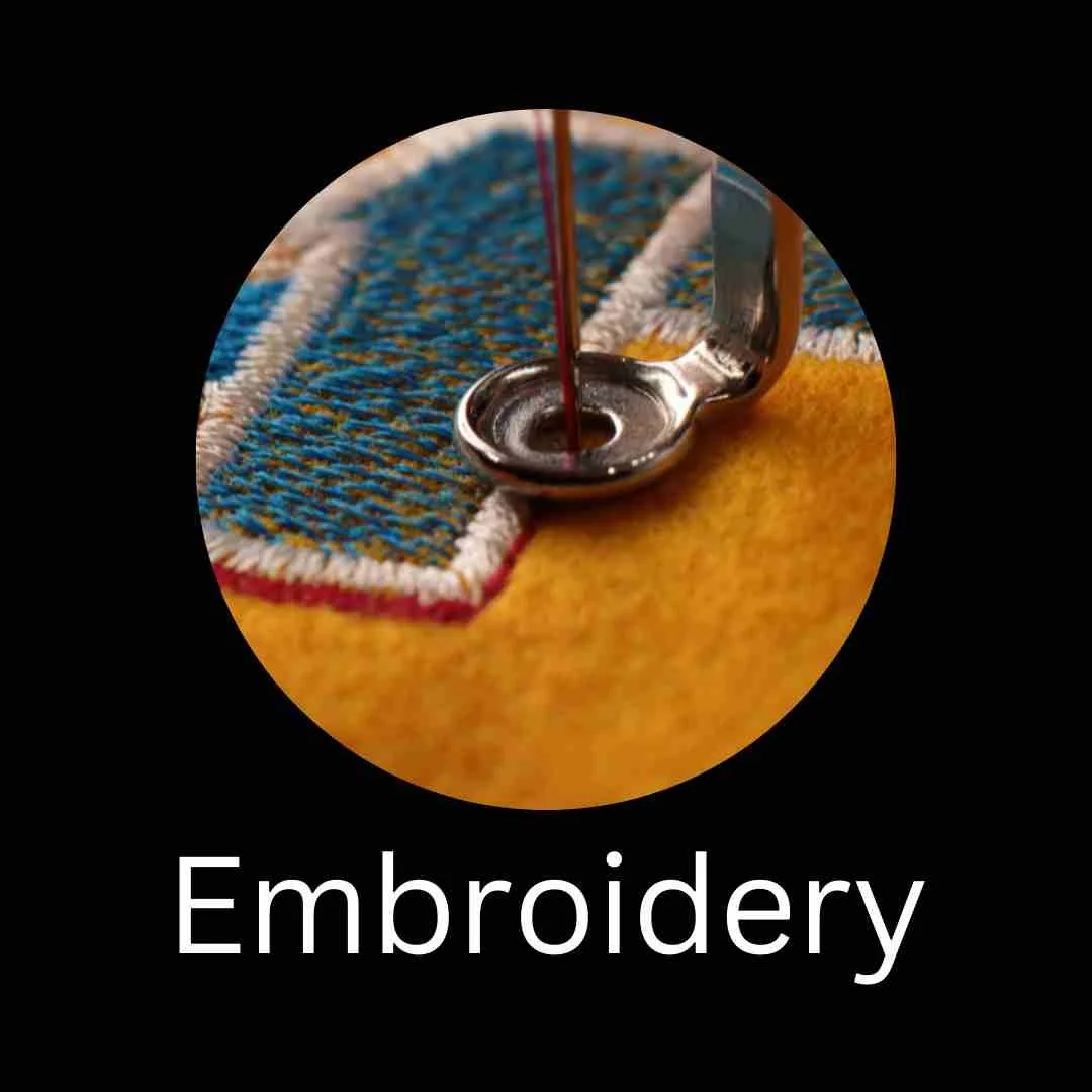 Close-up of a sewing needle with red thread stitching onto a colorful embroidered fabric, with the word 'Embroidery' written below.
