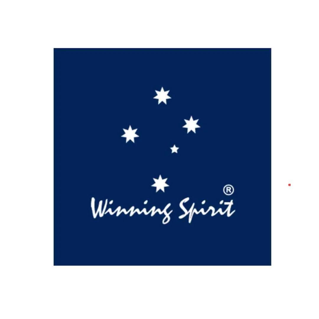 Logo with seven white stars arranged in a constellation pattern on a dark blue background, with the words "Winning Spirit" written below in white cursive font.