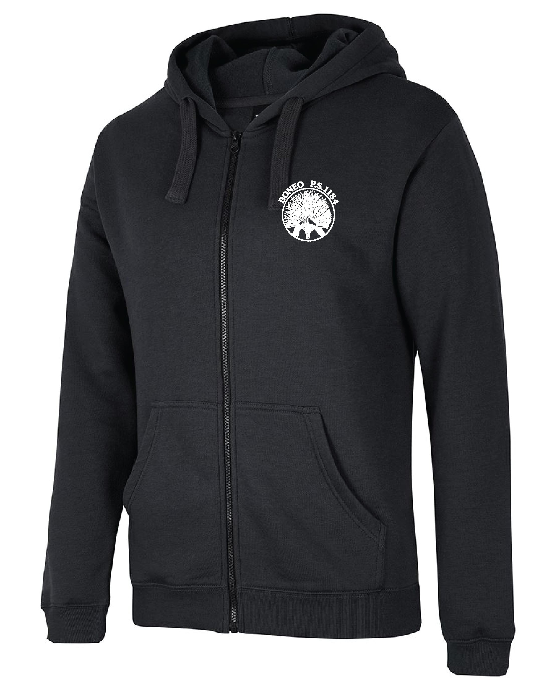 Black zip-up hoodie with a white logo on the left chest that includes a tree and the text 'BONEO P.S. 1184'.