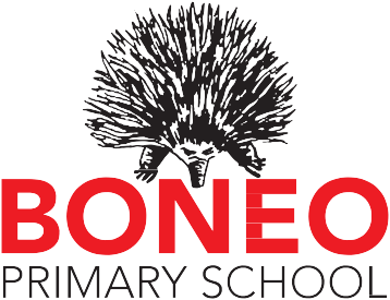 Logo of Boneo Primary School with a tree illustration above the school name in red and black text.
