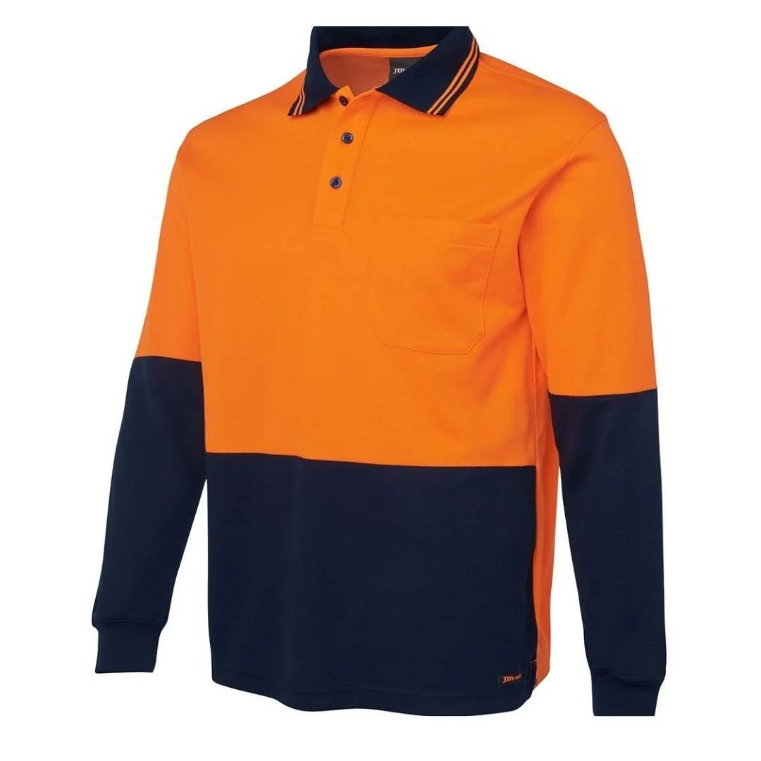 Color-blocked long-sleeve polo shirt with orange top and navy blue bottom, navy collar with orange stripes, and a chest pocket.
