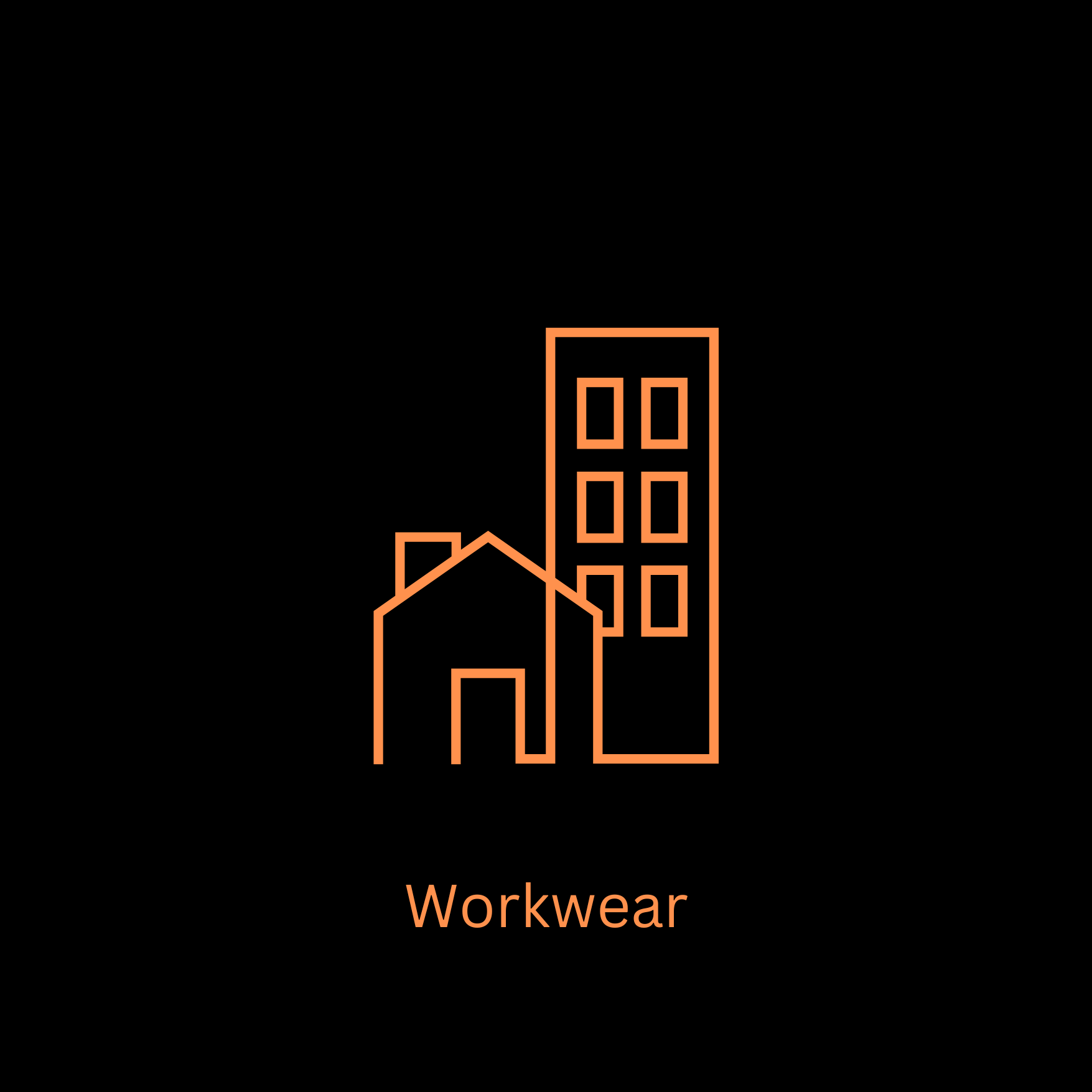 Line drawing of two buildings, a small house and a taller apartment or office building, with the caption "Workwear" underneath, on a black background.