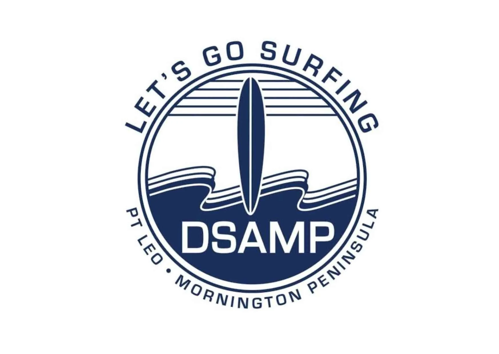 Logo for DSAMP featuring a surfboard and waves with text 'Let's Go Surfing' and location 'Pt. Leyd - Mornington Peninsula, VA'.