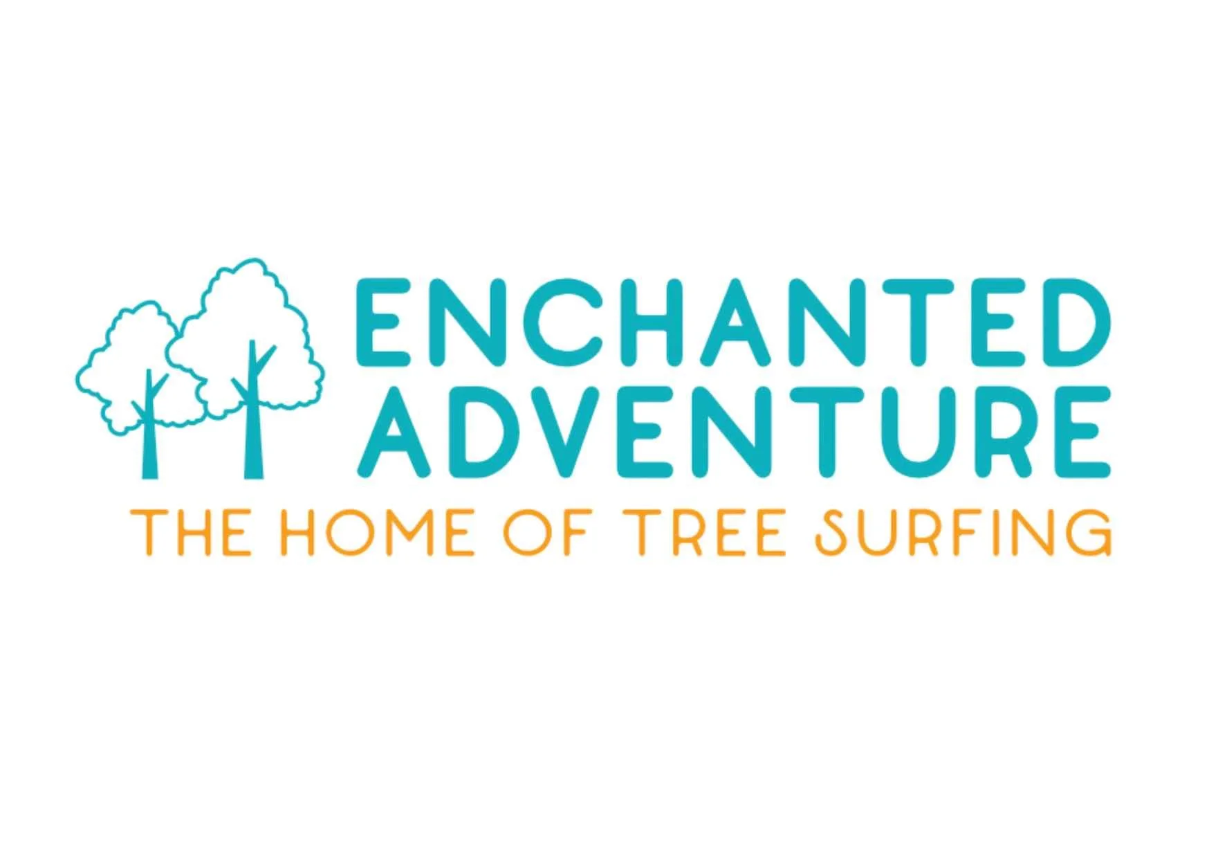 Logo for Enchanted Adventure, with three stylized trees and the text "Enchanted Adventure: The Home of Tree Surfing" in blue and orange.