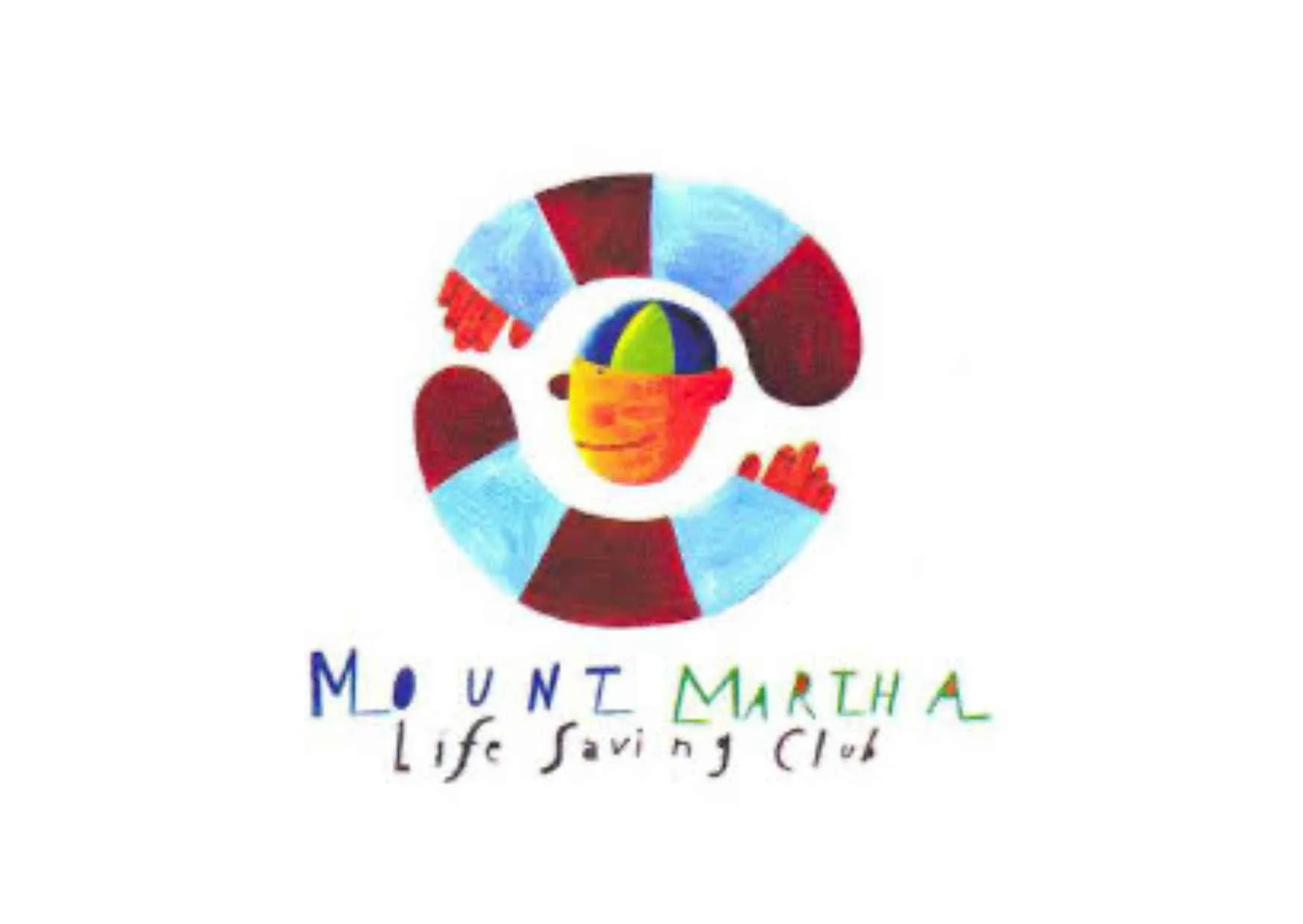 Colorful logo of Mount Martha Life Saving Club featuring a stylized swimming ring with cartoonish kneeling person in colorful swimwear and goggles, with the club name written underneath in playful, multicolored text.