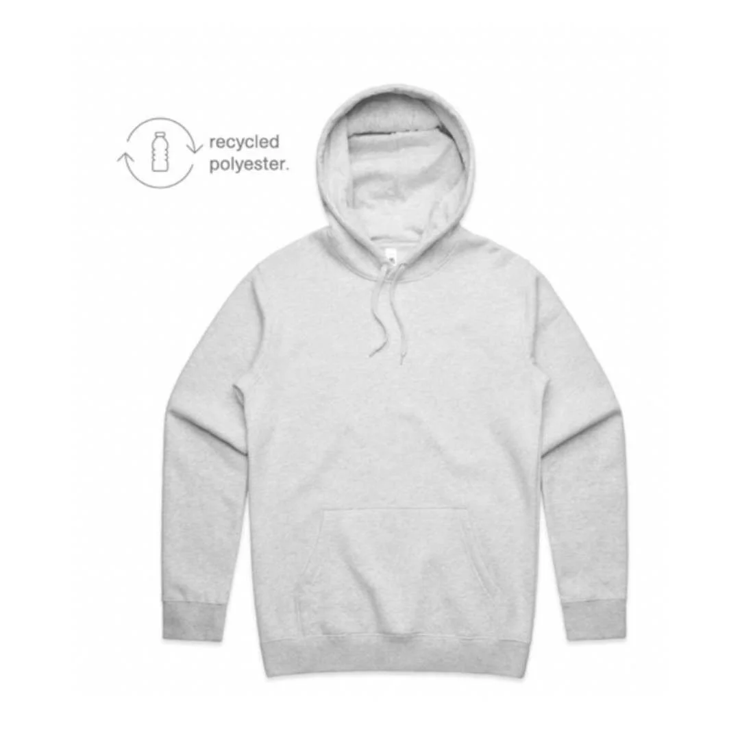 Light gray hoodie made from recycled polyester, featuring a front pocket and a drawstring hood.