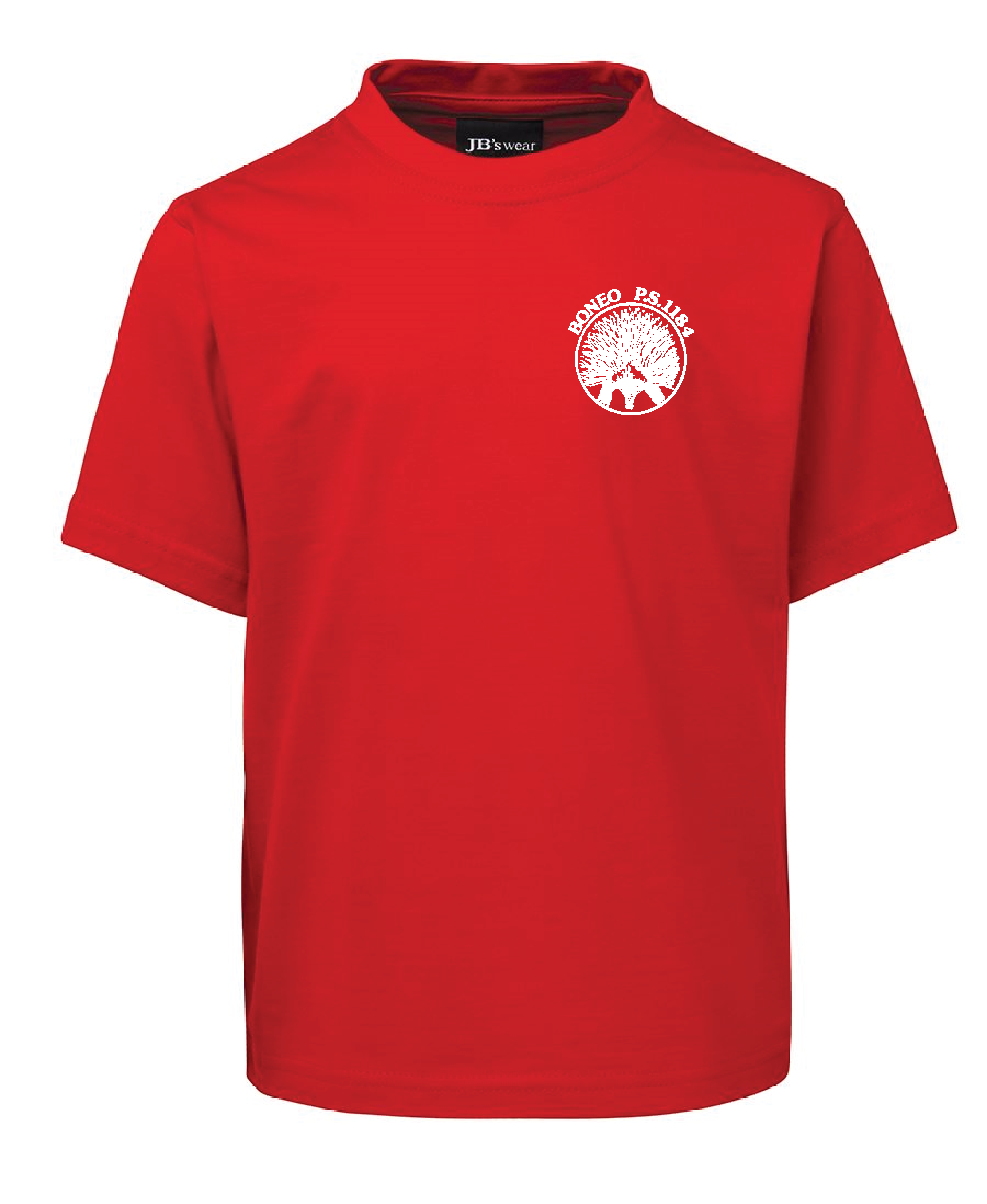 Red t-shirt with a white circular logo featuring a dog with a tree above it and the words 'BONEO P.S. 194' surrounding the image.