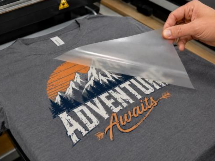 Someone applying a heat transfer film with a mountain and sunset design that reads 'Adventure Awaits' onto a gray T-shirt.