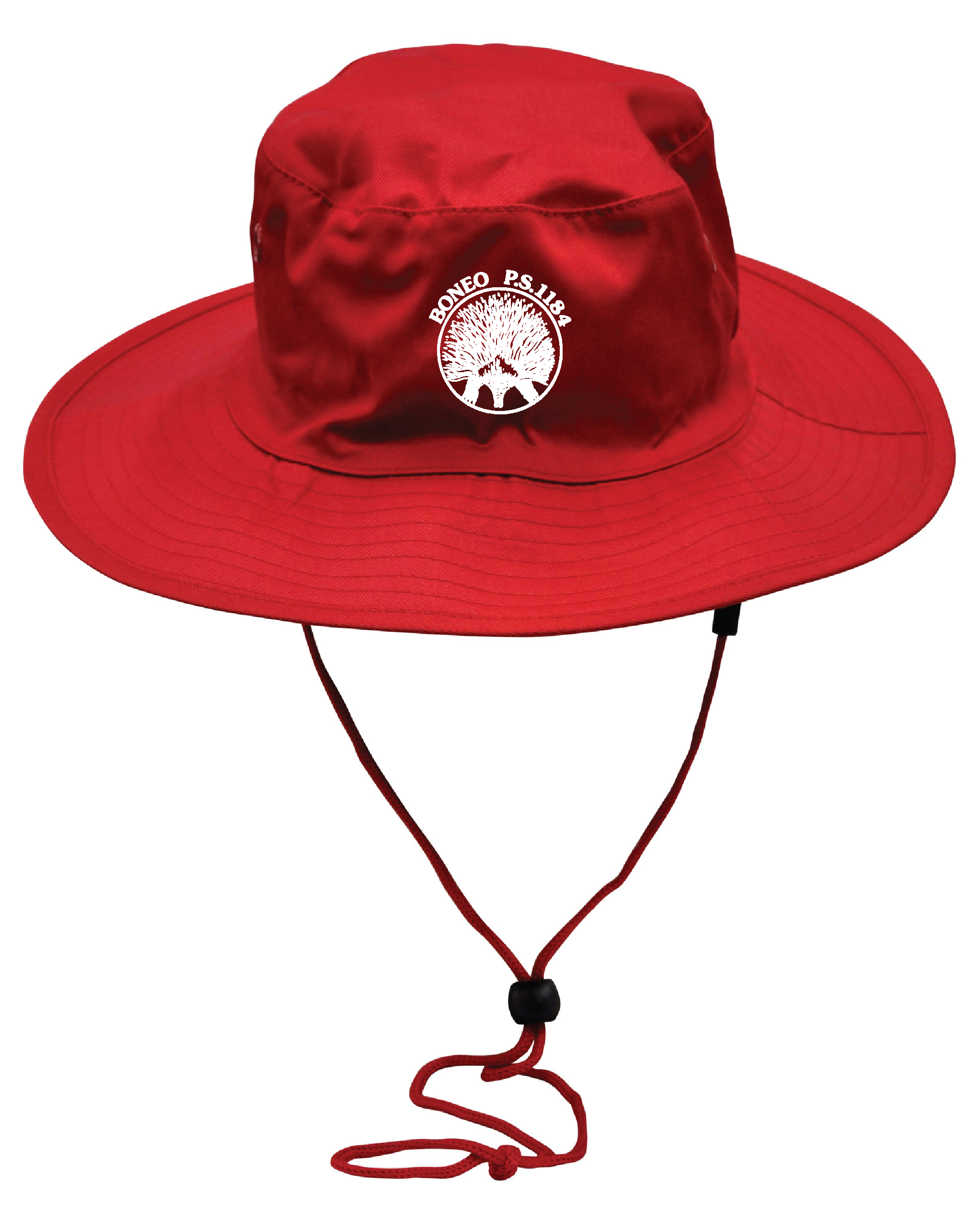 Red bucket hat with a logo that reads "Boneo P.S. 118" and features a tree graphic; the hat has a wide brim and chin strap.
