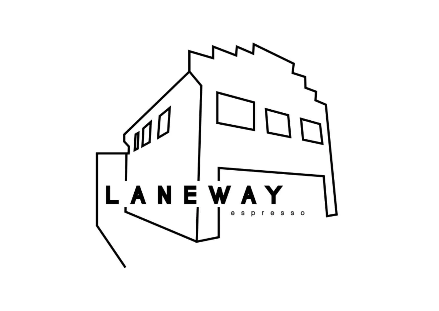 Black and white line drawing of a building with a rooftop sign reading 'LANEWAY espresso' in capital letters.