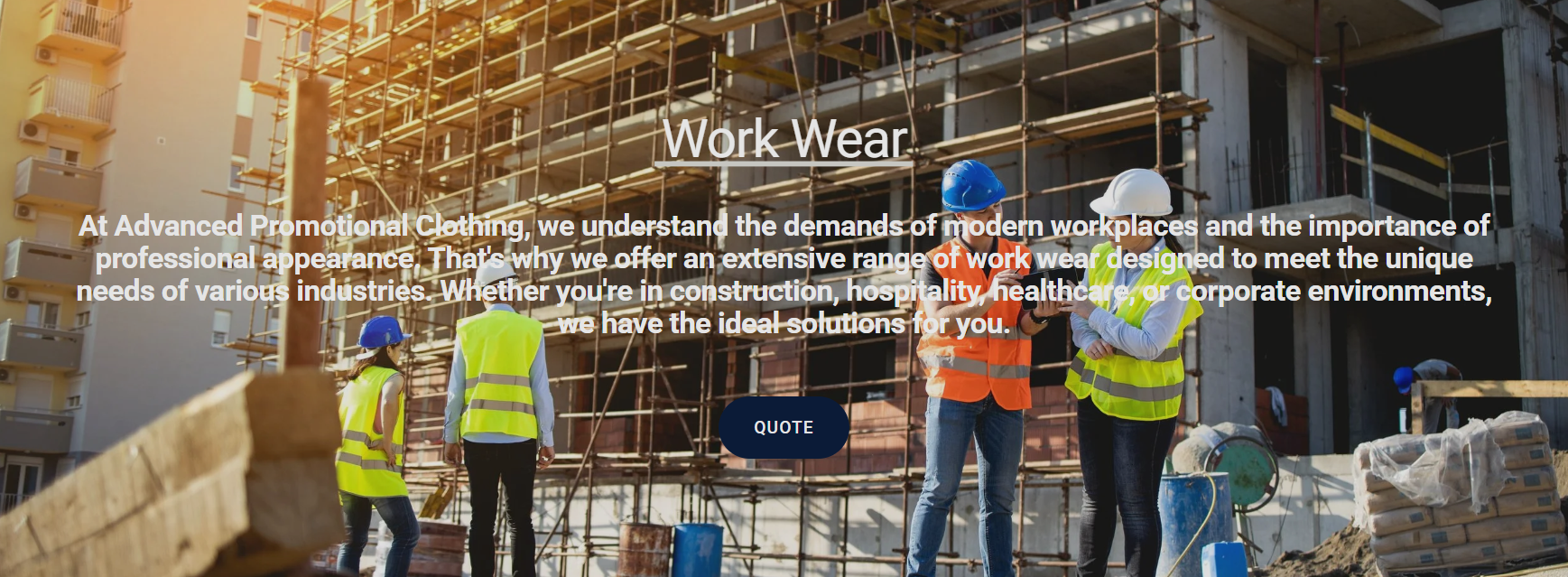 Construction workers in safety gear at a building site with scaffolding.