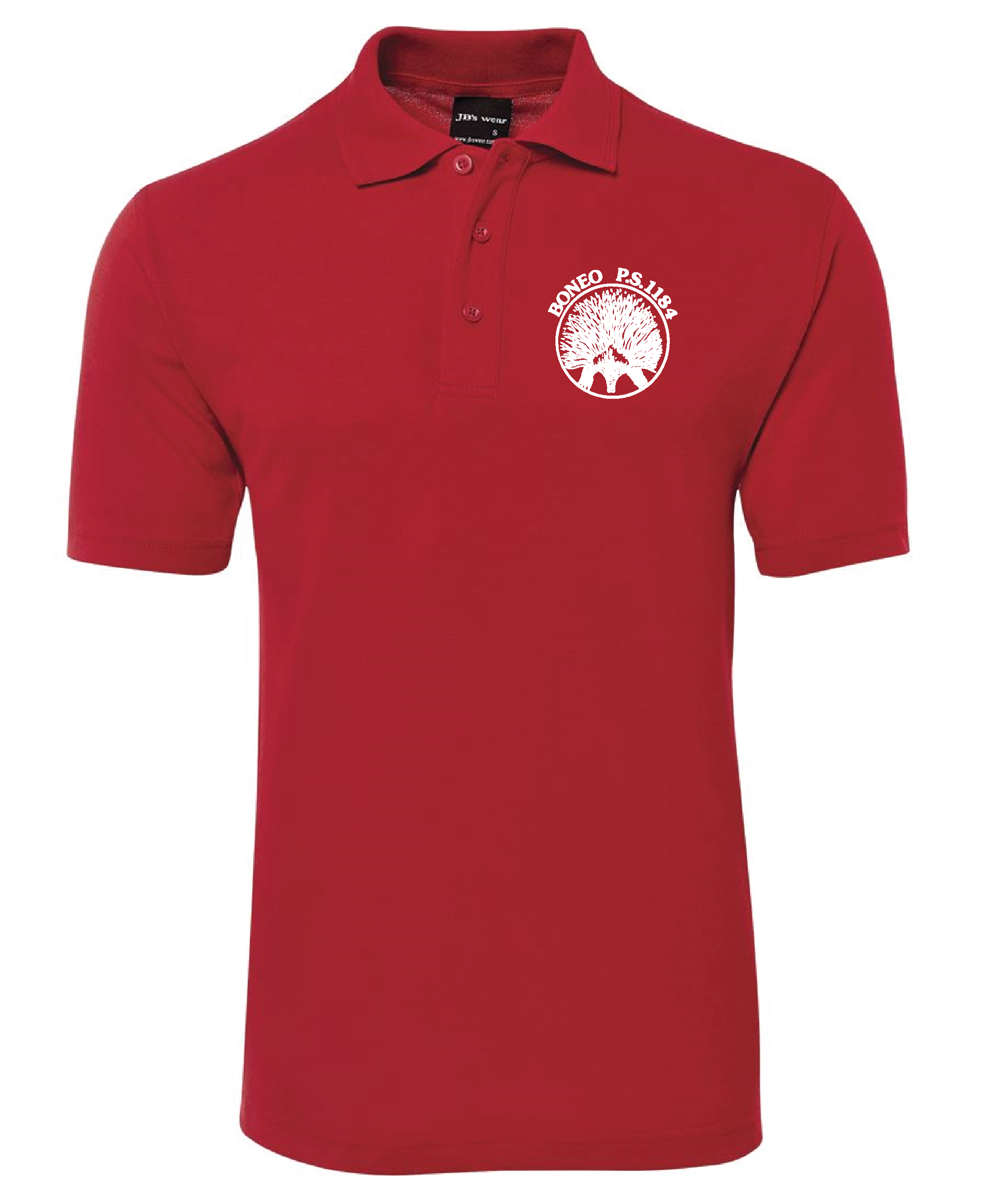 A red polo shirt with a logo on the left chest area featuring a tree and the words "BONEO P.S. 1184."