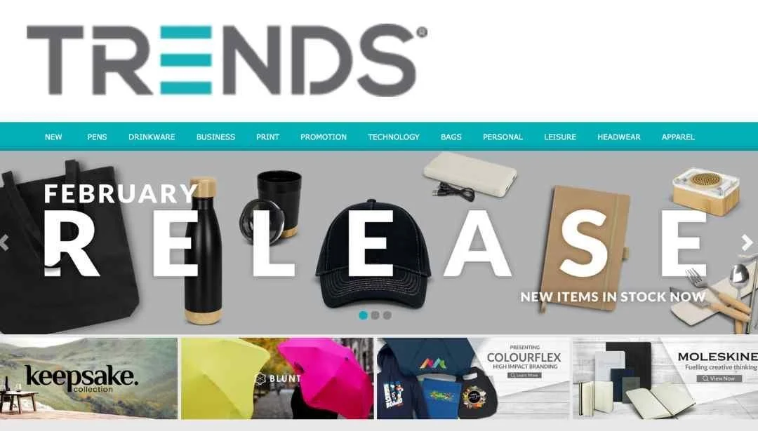Online promotional banner for Trendi featuring new product releases including bags, water bottles, hats, and office supplies with a message about new stock.