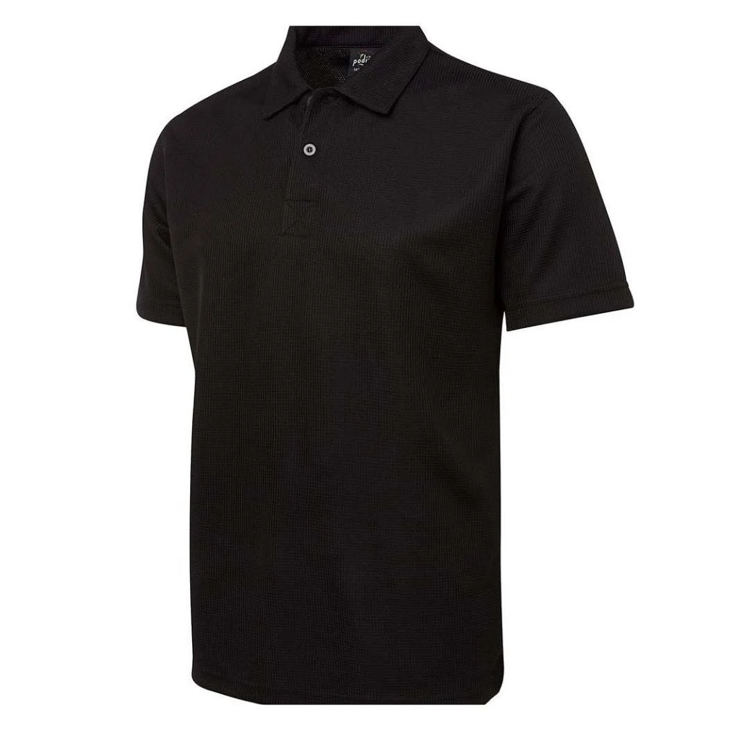 Black polo shirt with short sleeves and a collar