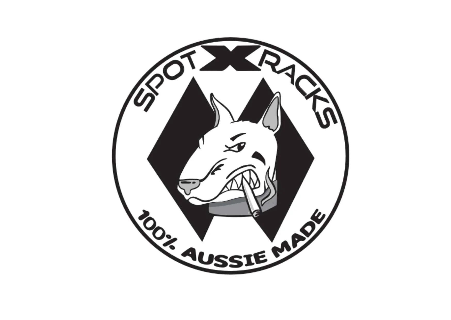 Logo for Spot X Racks featuring a cartoon Australian shepherd dog with a cigar in its mouth, against a background of mountains, with text indicating it is 100% Australian made.