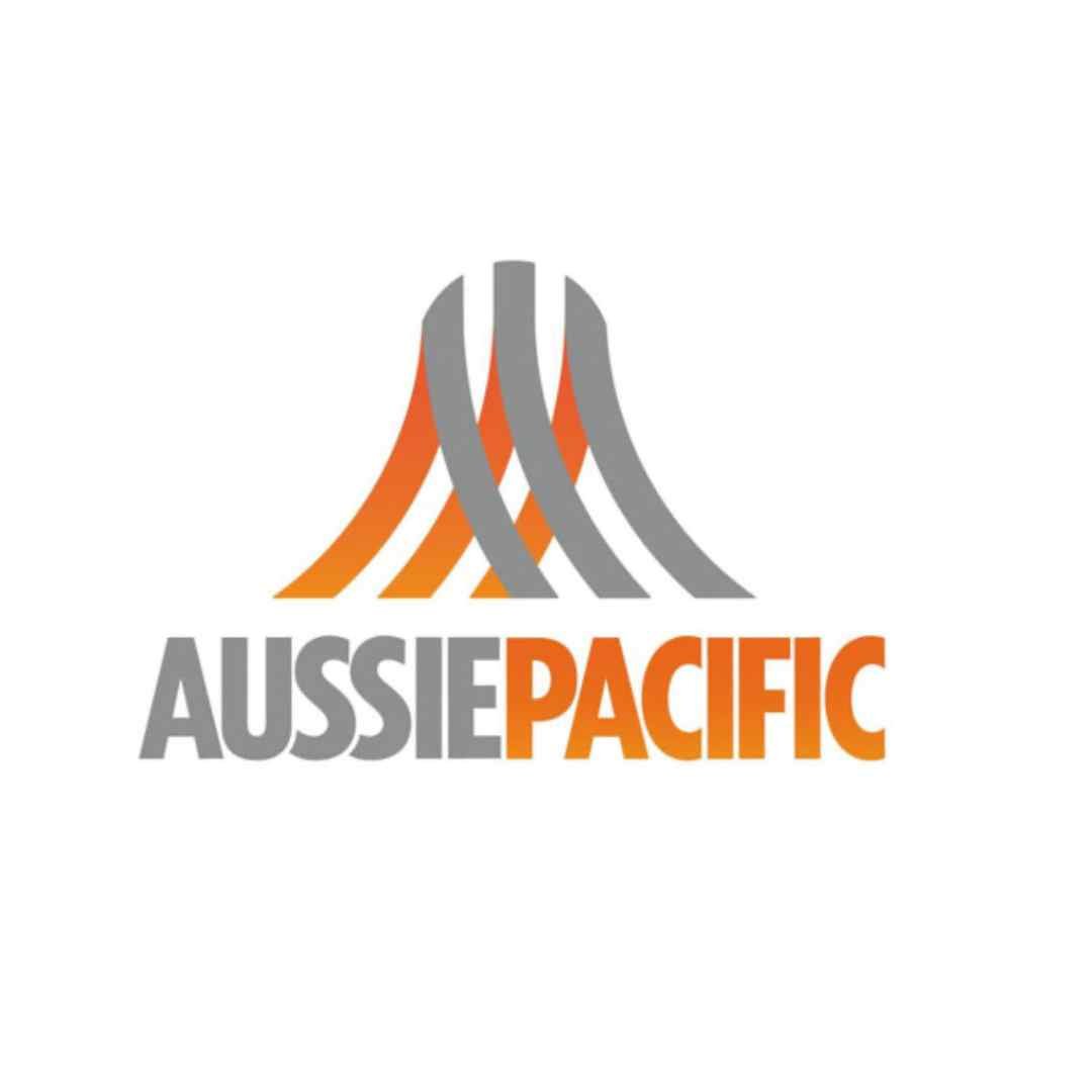 Logo of Aussie Pacific with stylized wavy lines in orange and gray above the company name in gray and orange text.