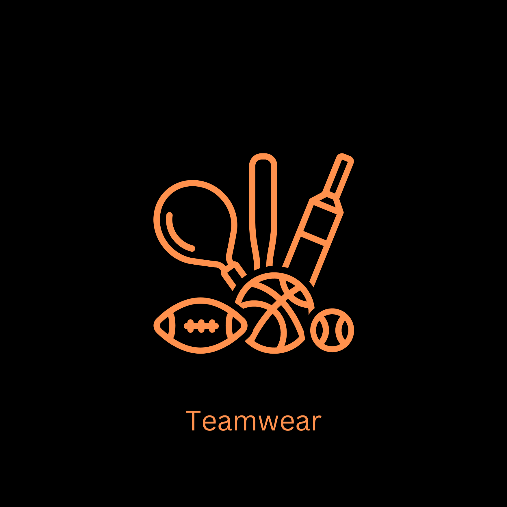 Minimalist orange line drawing of sports equipment including a tennis racket, tennis ball, basketball, football, volleyball, and a spray bottle, with the word 'Teamwear' underneath on a black background.
