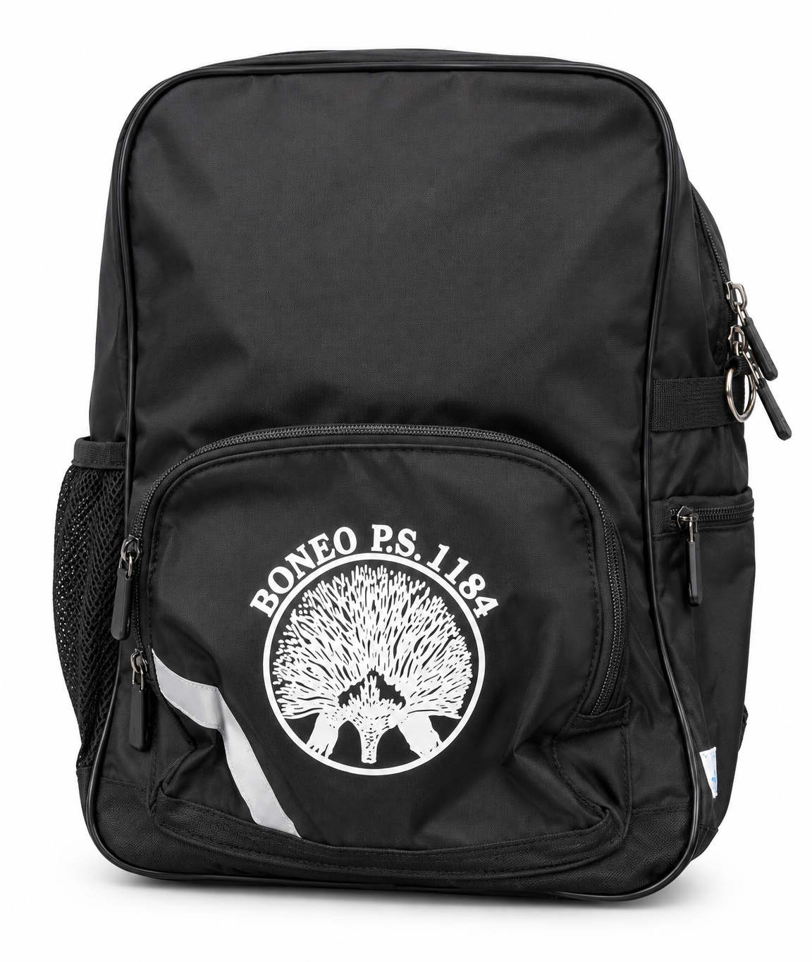 Black backpack with a white logo of a porcupine and the text "BONEO P.S. 1184" on the front pocket.
