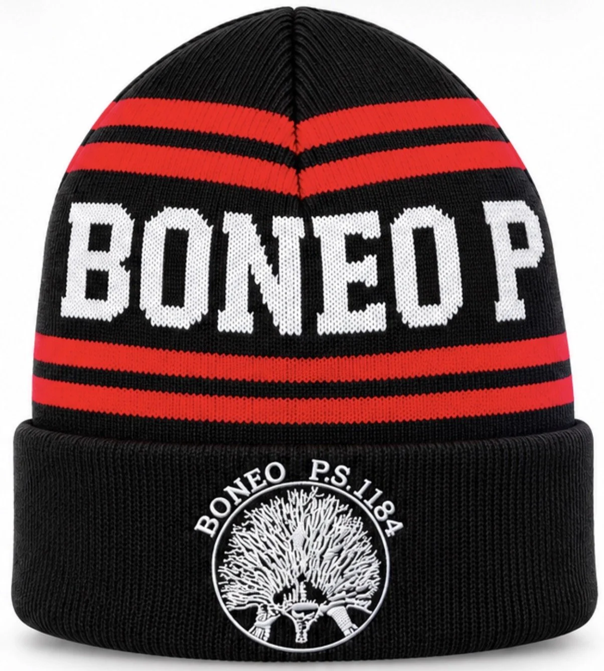 Black beanie hat with red and black stripes and the word "BONEO" on the front in large white letters. The bottom cuff has a white logo of a tree and the text "BONEO P.S. 1184" around it.