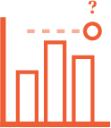 A line graph with bar charts, a question mark, and a circle with a line connected to it, all in orange and black colors.