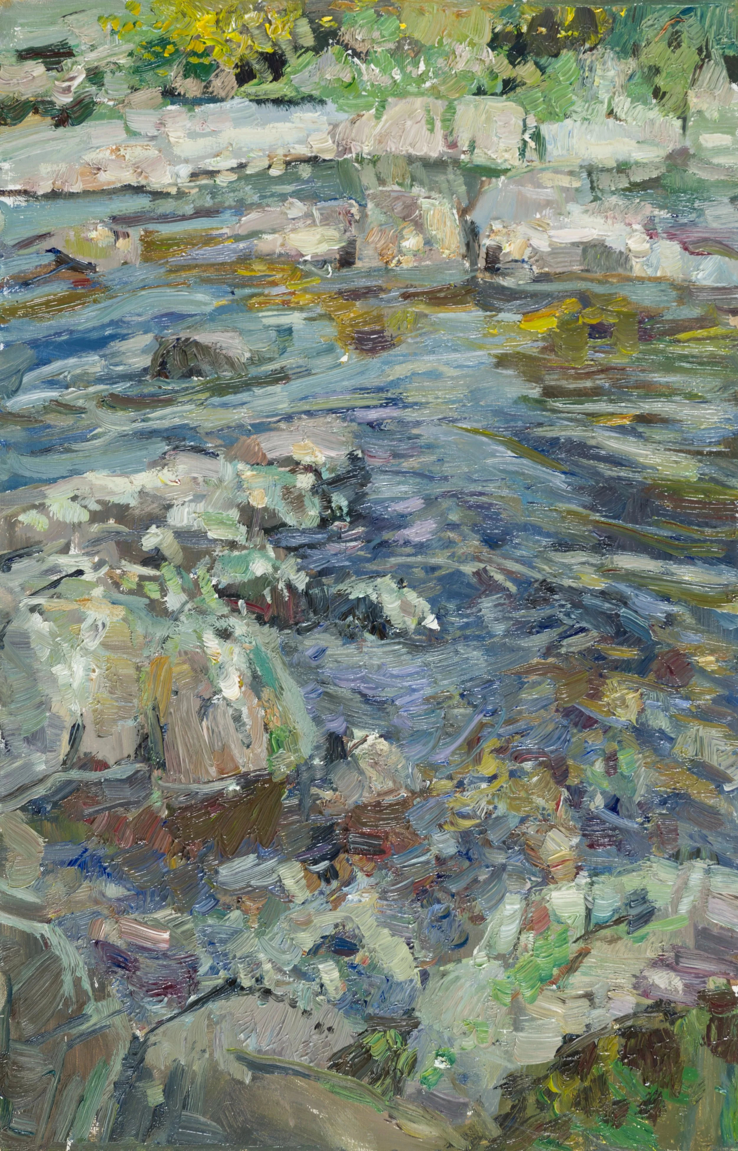 Gorse Reflections, River Esk - Oil on Board 14 x 9"