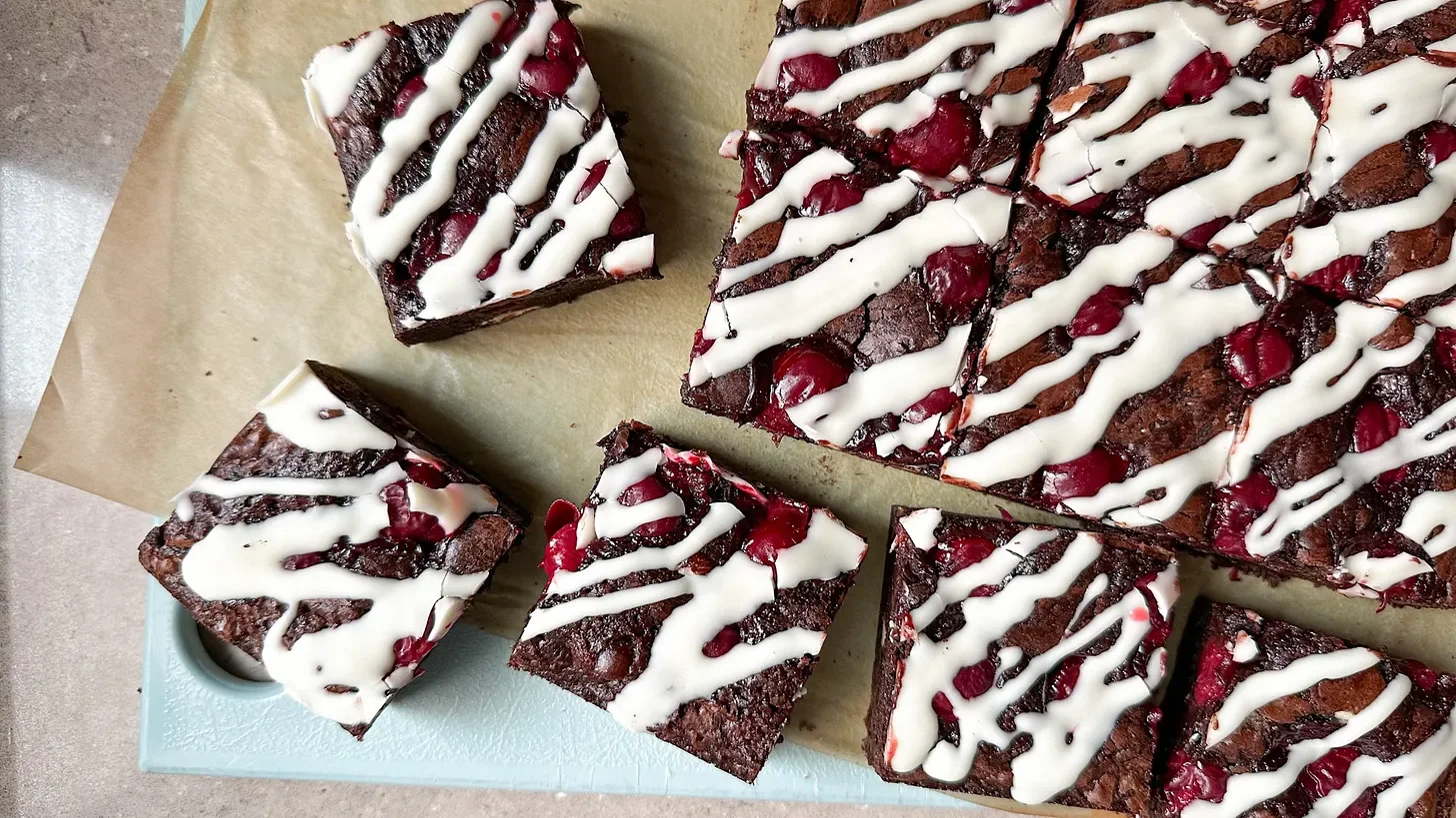 Black forest brownies drizzled in white chocolate