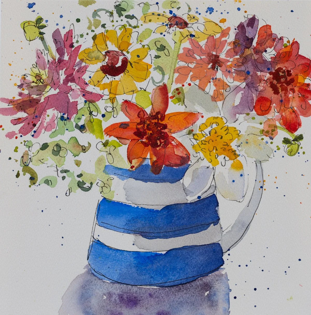 Blue Stripes and Bright Blooms - Original Ink and Watercolor Painting