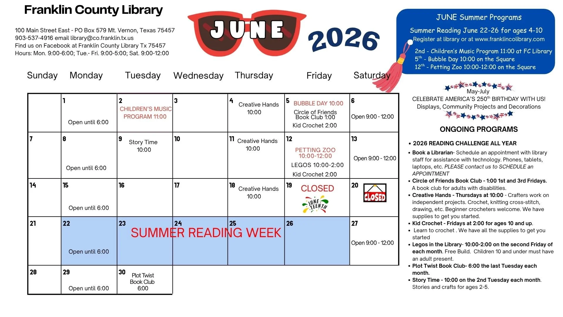 Calendar of library events for June 2026