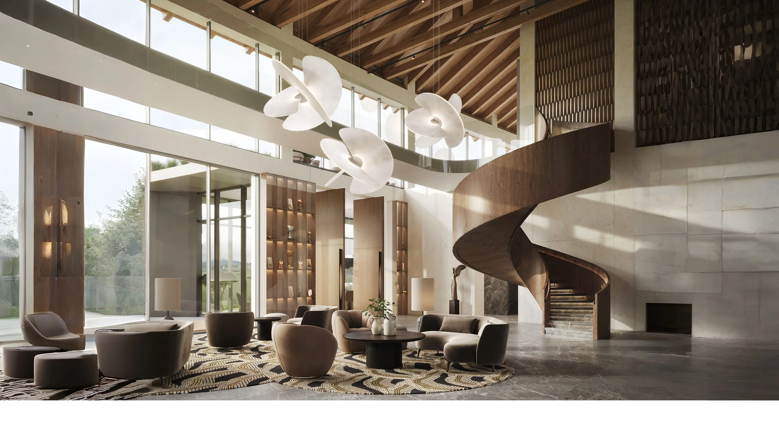 Interior view of a modern, multi-level library with wooden bookshelves, tiered seating, and large windows, with children and adults reading and socializing.
