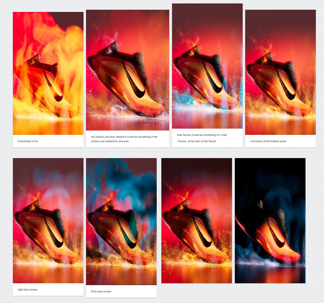 Styleframes for different fire/smoke effect. The brand world was clear at the start, but the client did want to me explore different variations and see how far I could push it hue/saturation wise