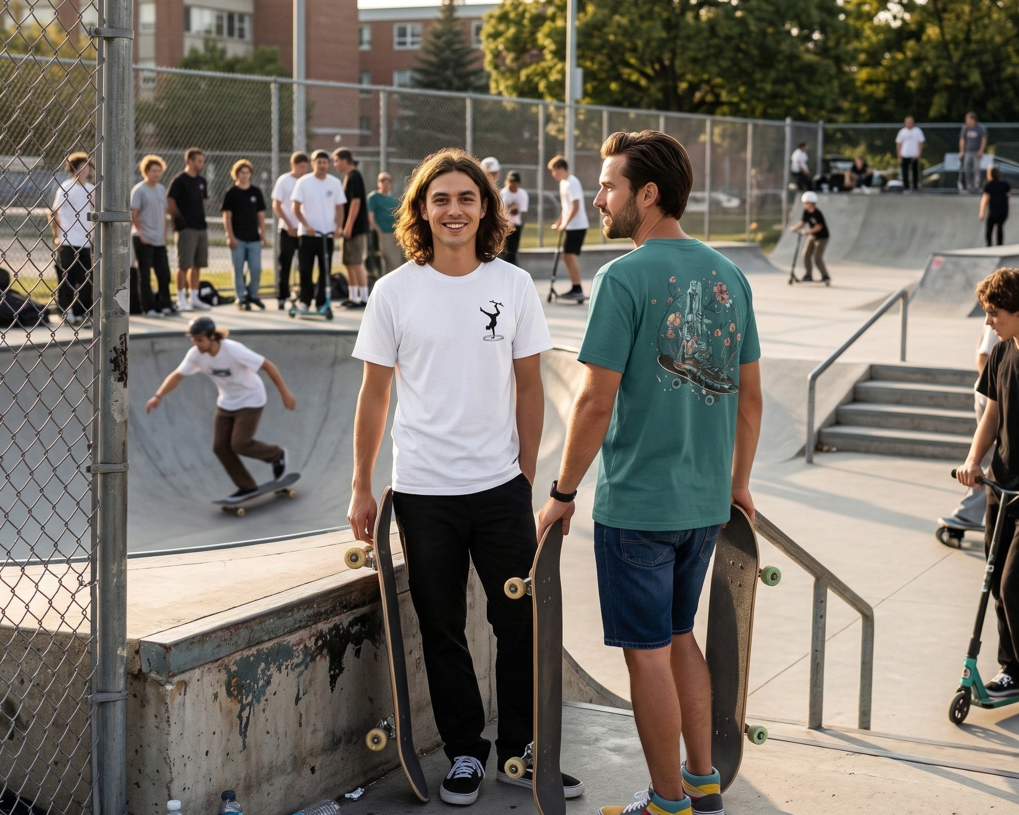 Two young men with skateboards conversing at a skate park while other skaters are skating or standing in the background.