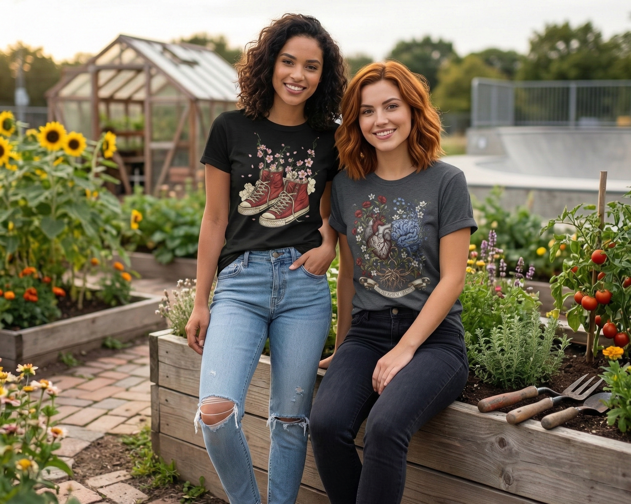 Two young women with curly hair and floral tattoos on their shirts smiling in a garden with raised vegetable beds, sunflowers, and tomato plants.