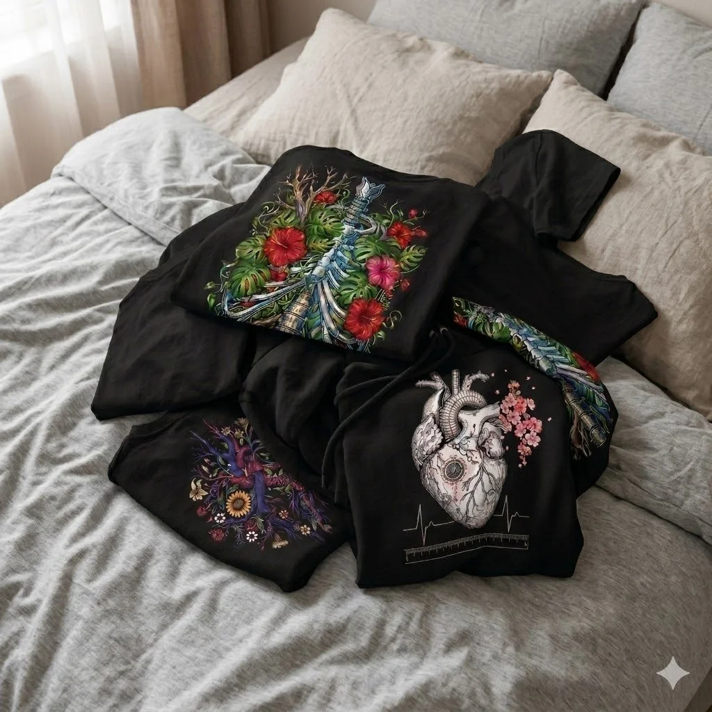 Clothes with colorful tattoo-style designs laid out on a bed with beige sheets and pillows.