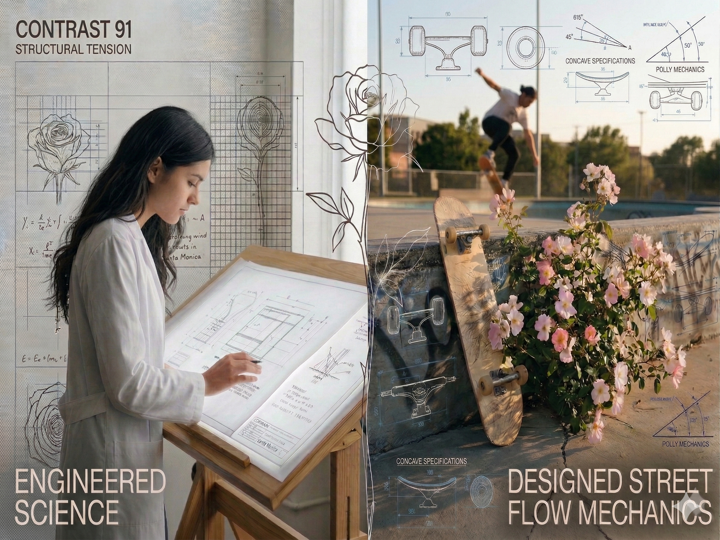 The image shows the contrast between engineered science, represented by a woman in a white lab coat studying engineering plans and technical drawings, and designed street flow mechanics, featuring a skateboarder performing a trick on a skatepark with sketches and diagrams of skateboard components and street design elements overlaid, along with pink flowers and skateboards.