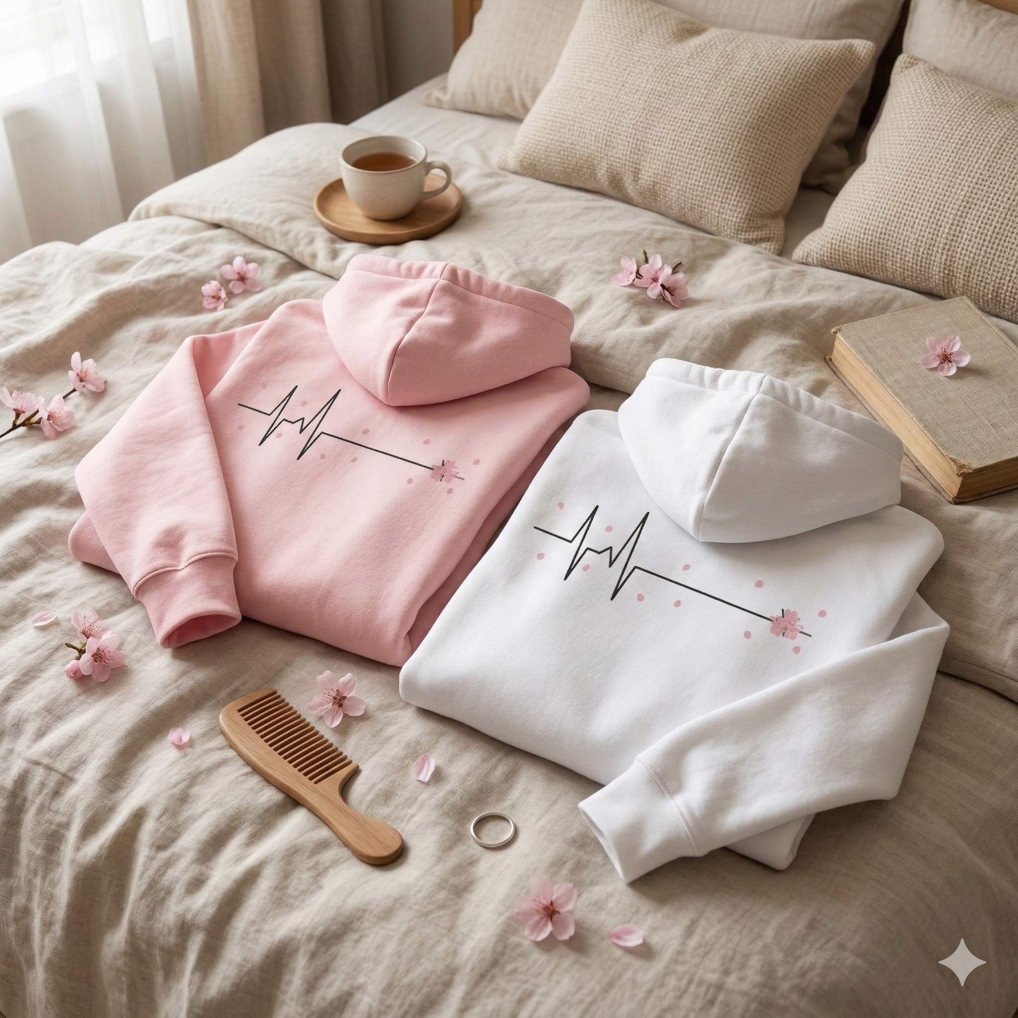 Two hoodies, one pink and one white, with heartbeat line and cherry blossom design, lying on a bed with scattered pink cherry blossoms, a wooden comb, a ring, and a book, in a cozy bedroom setting.
