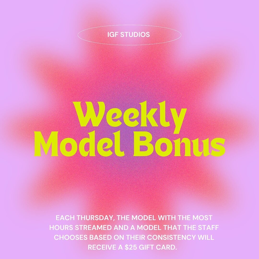 🥳 Weekly wins incoming!! 
Each Thursday, based on the previous work week, two models will win gift cards in acknowledgment of their hard work!! 💳 We love celebrating effort and success a IGF! #igfstudios