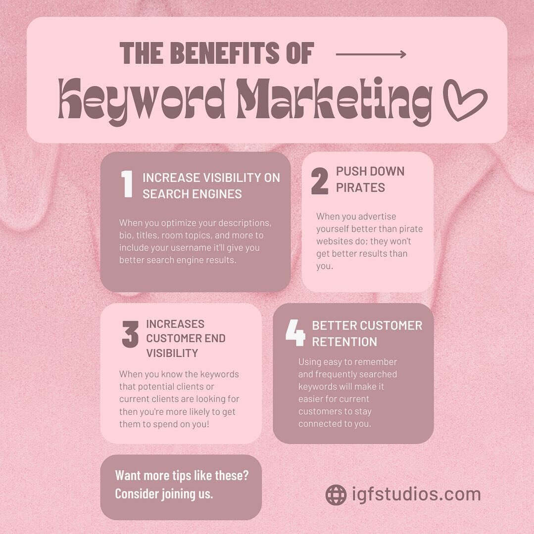 Did you know #keywordmarketing is an integral part of success for spicy streamers? These are only a few of the benefits; including #SEO benefits, lowering pirate results, and improving #customerretention 💕 (post by @aeriesaunders) 
&mdash;&mdash;
#s