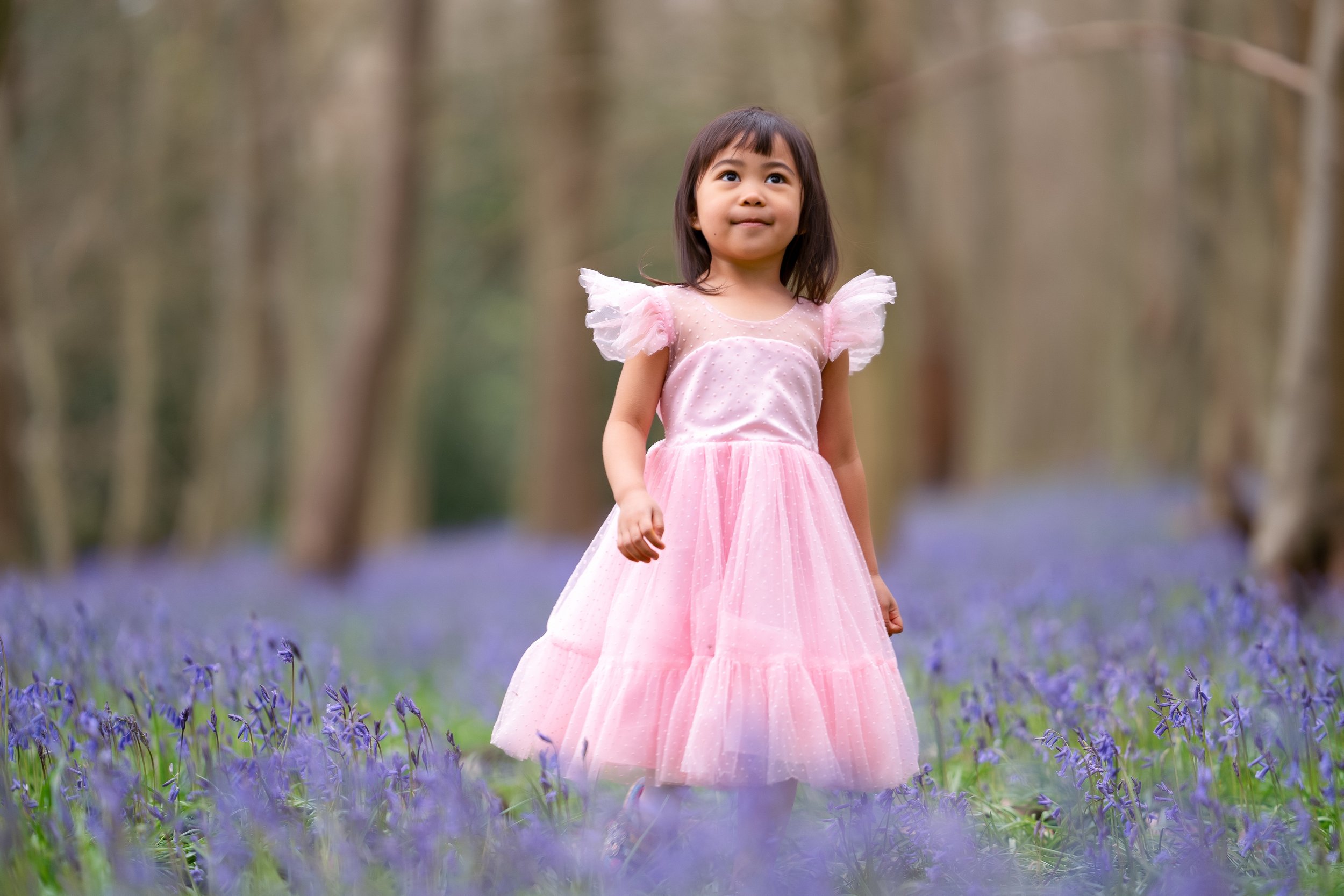 Little girl in pink dress amidst the bluebells taken by Guildford family photographer