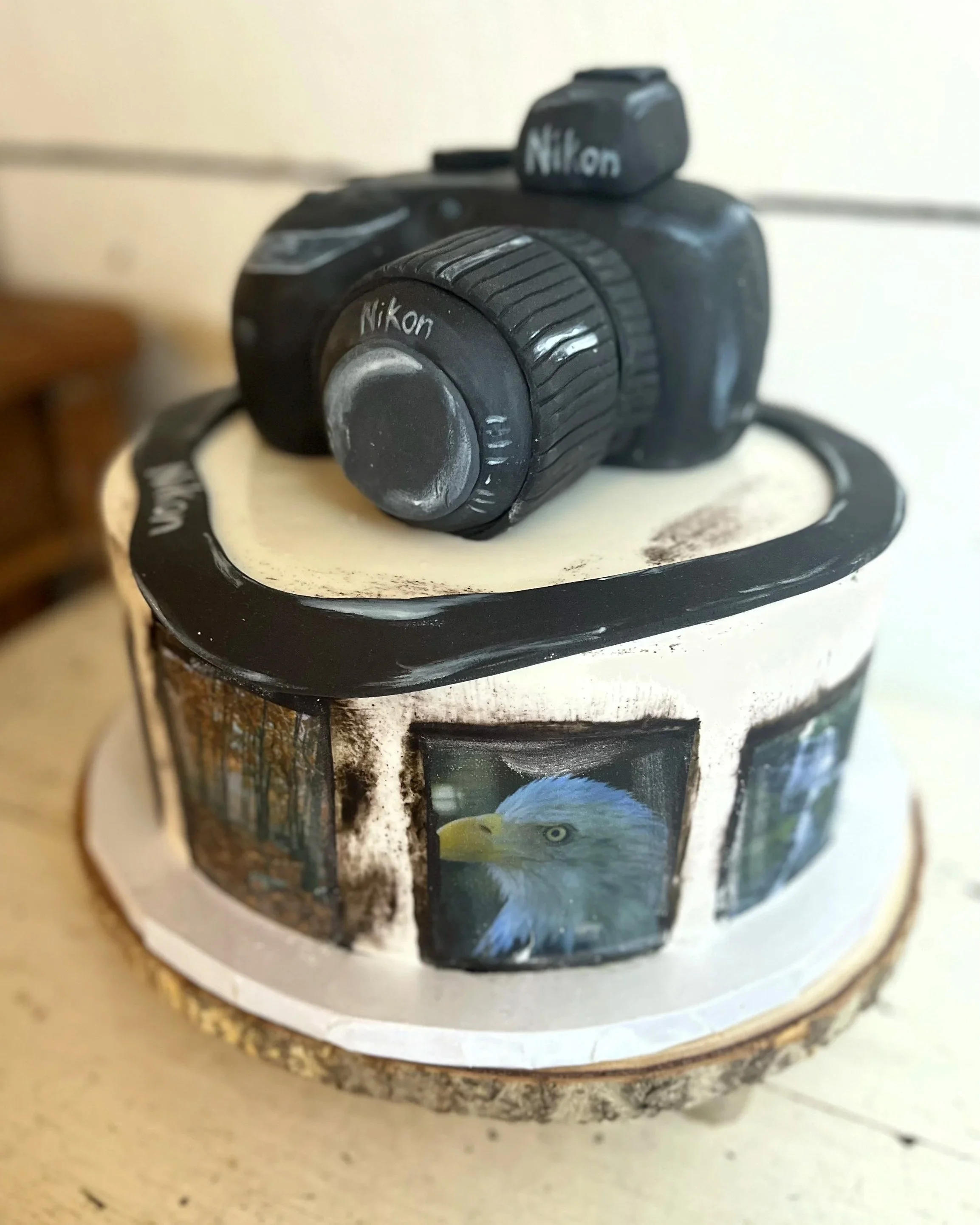 A cake decorated with an eagle photo, a Nikon camera figurine on top, and nighttime scenery illustrations around the side.