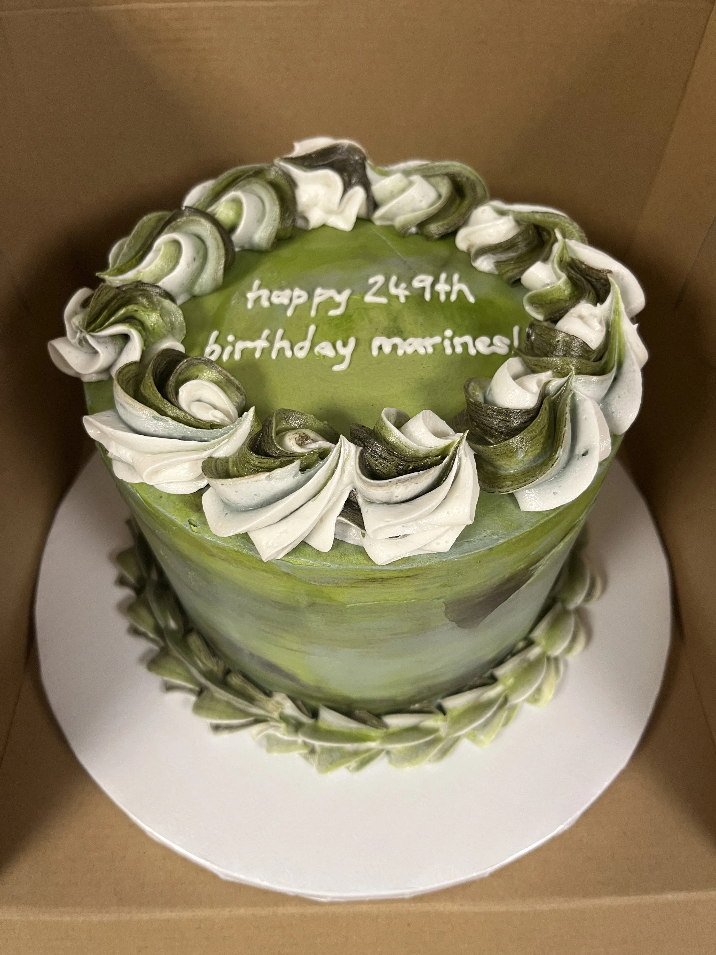 Green birthday cake with white and dark green swirl frosting, decorated with a border of frosting leaves, with the message 'happy 249th birthday marines!' written on top.