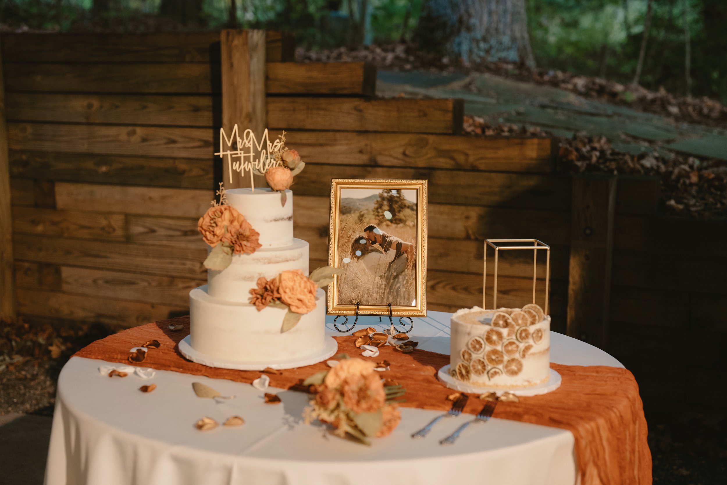 A four-tiered wedding cake decorated with peach-colored flowers and a topper that reads 'Mr. & Mrs. Thumlert' is displayed on a table with a white tablecloth. The table also features a smaller cake with dried citrus slices, a framed photo of a couple in a field, and scattered flower petals and dried leaves. The setting is outdoors with a wooden fence and trees in the background.