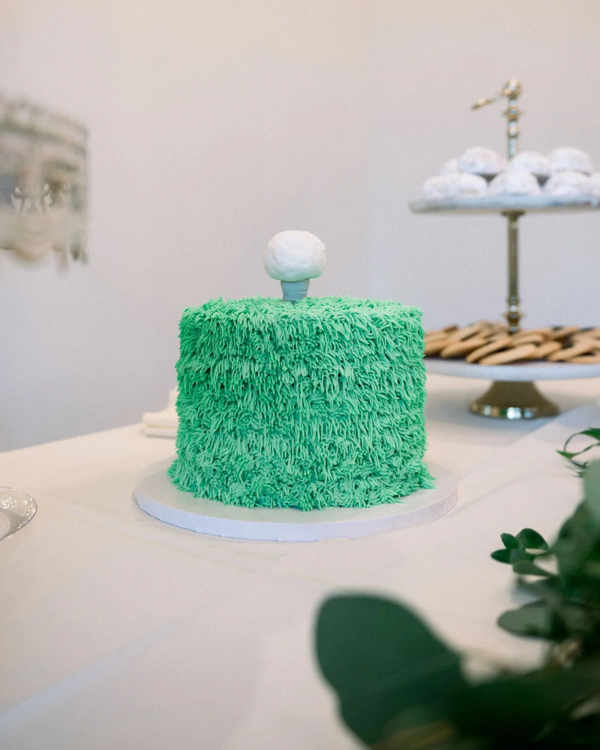 Green textured birthday cake with white frosting decoration on top, displayed on a white table alongside tiered tray of cookies and a green plant in the foreground.