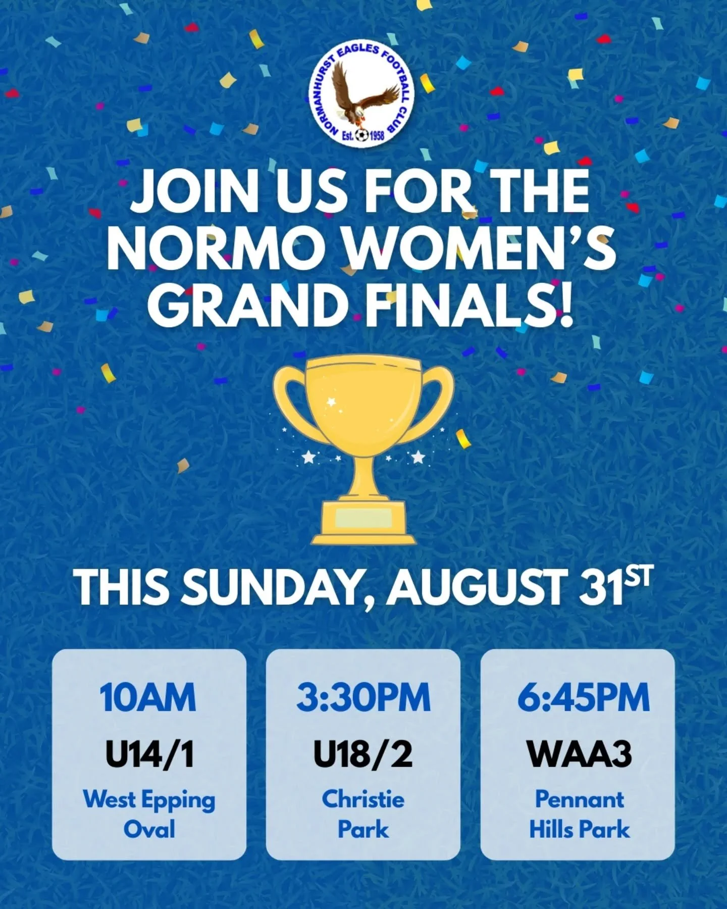 So proud of our amazing women&rsquo;s teams 💙⚽️ Come cheer them on in the finals this Sunday &ndash; we&rsquo;d love to see you there!

📍 10:00 AM &ndash; U14/1 &ndash; West Epping Oval

📍 3:30 PM &ndash; U18/2 &ndash; Christie Park

📍 6:45 PM &n