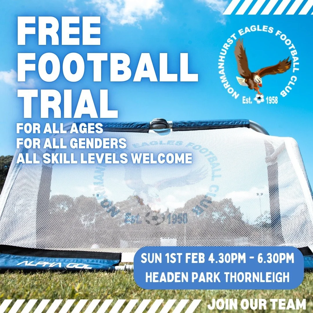 COME TRY FOOTBALL WITH NORMANHURST EAGLES

Sunday, Feb 1st | 4.30 - 6.30pm
Headen Park Thornleigh

Come along and join the fun!

What's on:
- Meet other players and coaches
- Fun Activities to help you learn new skills
- Get info about the upcoming s