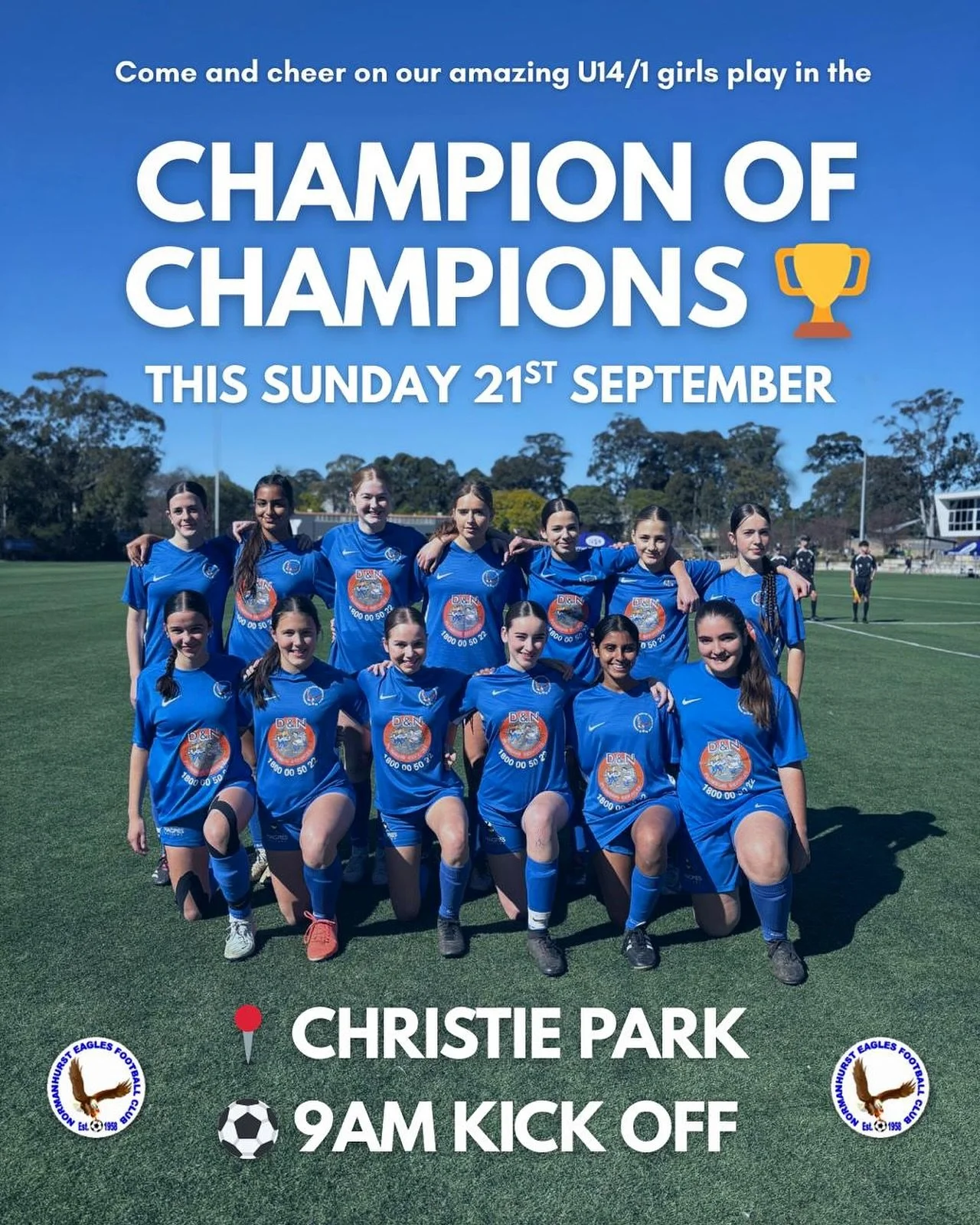 Our AMAZING girls U14/1s will be competing in their Champion of Champions match this Sunday 9am at Christie Park. We would love as many as supporters as possible at the ground to cheer them on in this exciting match !!! We are very proud to have this