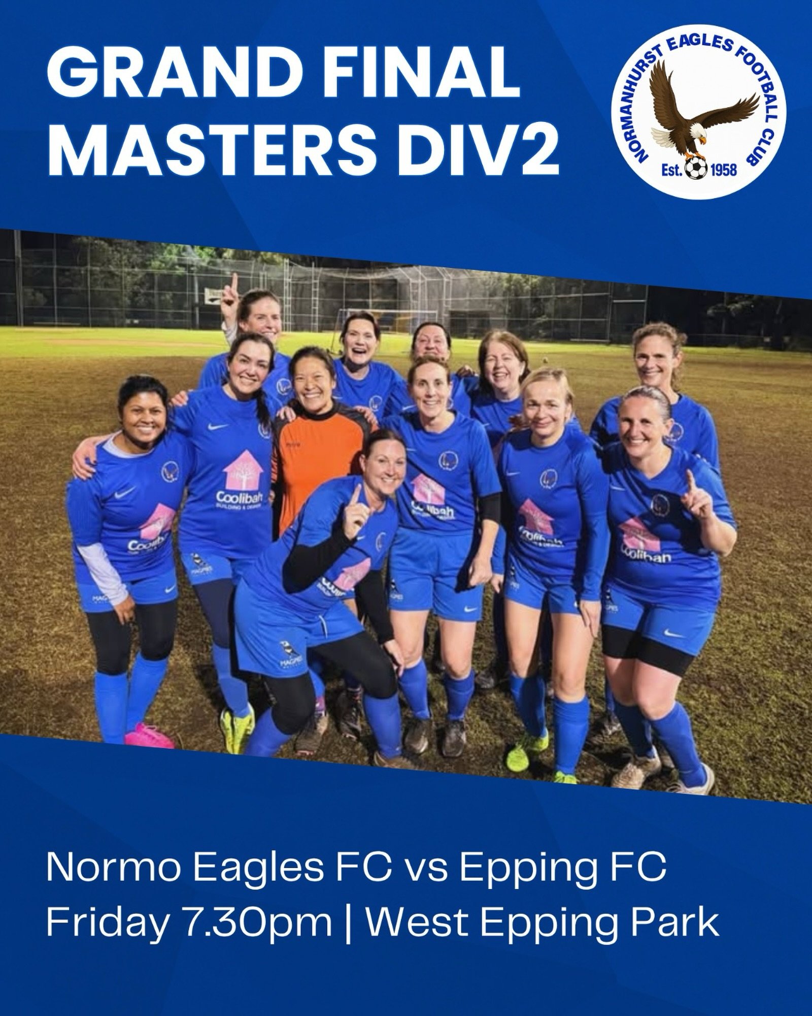 GOOD LUCK WOMEN&rsquo;S MASTERS!!

Kicking off the first of the grand finals, our women&rsquo;s masters are in action tonight at West Epping Park. 

Let&rsquo;s get there and show our support!

🦅🦅🦅