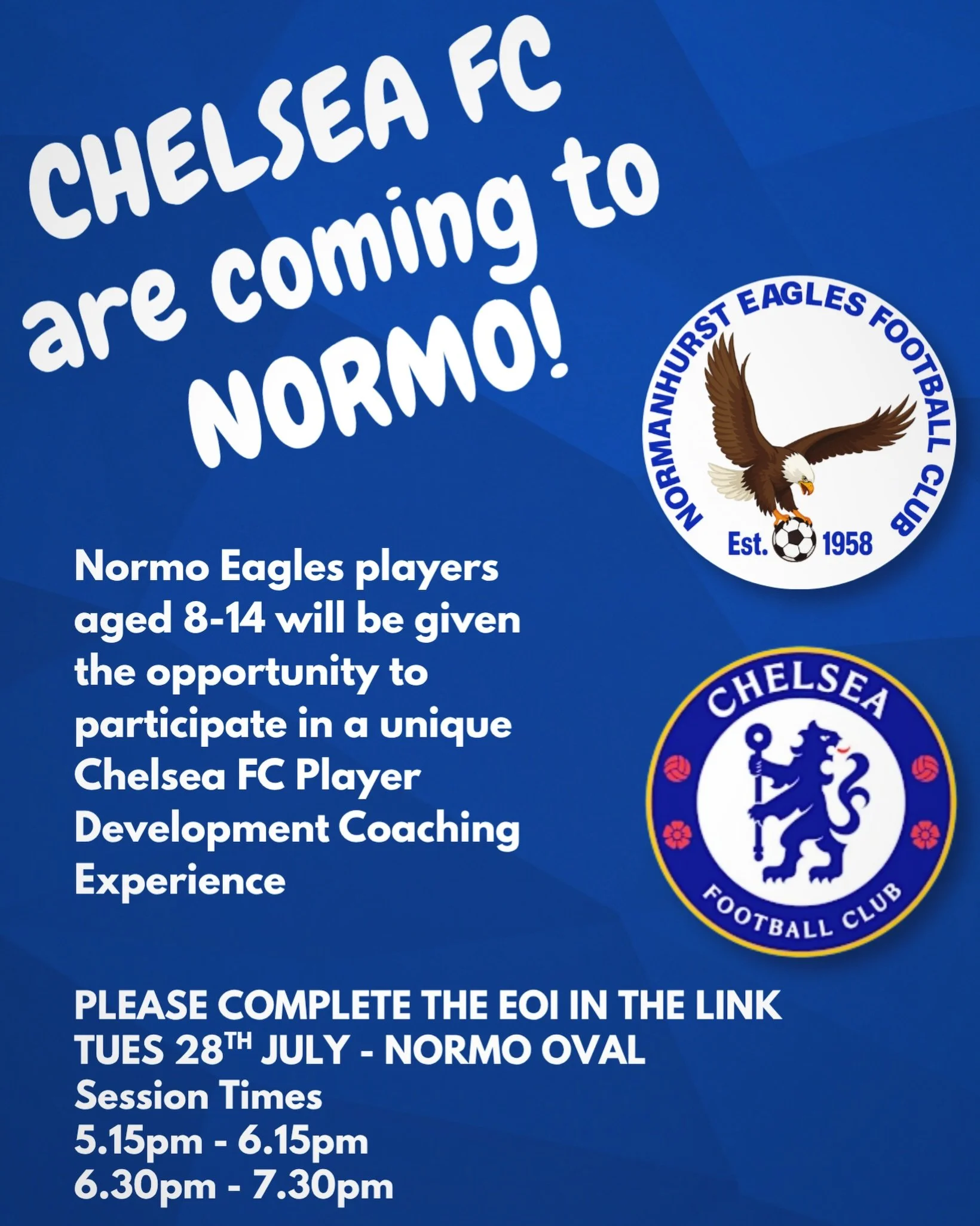 CHELSEA FC COACHING EXPERIENCE COMING TO NORMO FC - One night only

On Tuesday July 28th, members of Normanhurst will have the thrilling chance to receive coaching from Chelsea FC&rsquo;s coaching staff at Normanhurst Oval. Two groups of 64 players a